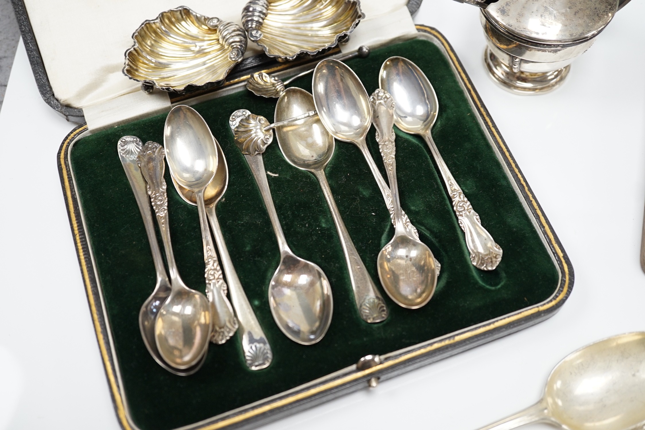 Sundry small silver, including flatware, pair of salts, a silver mustard pot and a silver fruit knife.